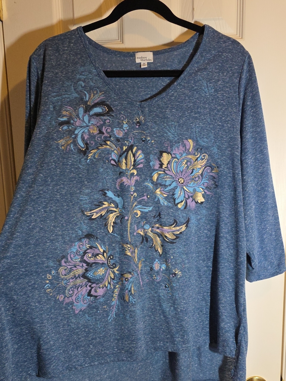 Madison & Berkeley Blue V-Neck Tunic with Purple and Gold Floral Design 3/4 Slee